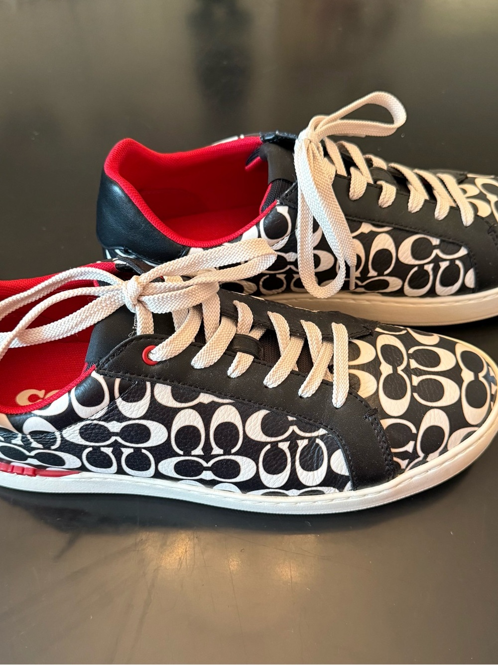 Coach Black & White Signature Low Top Sneakers with Red Lining - Picture 2 of 6